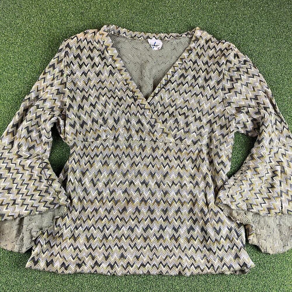Vintage Beware Green Boho Chevron Bell Sleeve V Neck Blouse Sz 3X